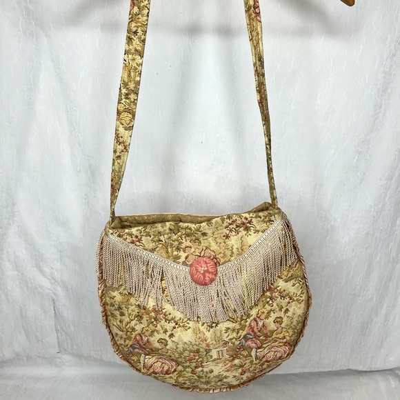 Vintage Daphne Canvas Tassel Pastel Crossbody Purse Cottage Fringe Pink Antique - Picture 3 of 10